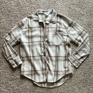 Beige and Brown Plaid Button Down Shirt